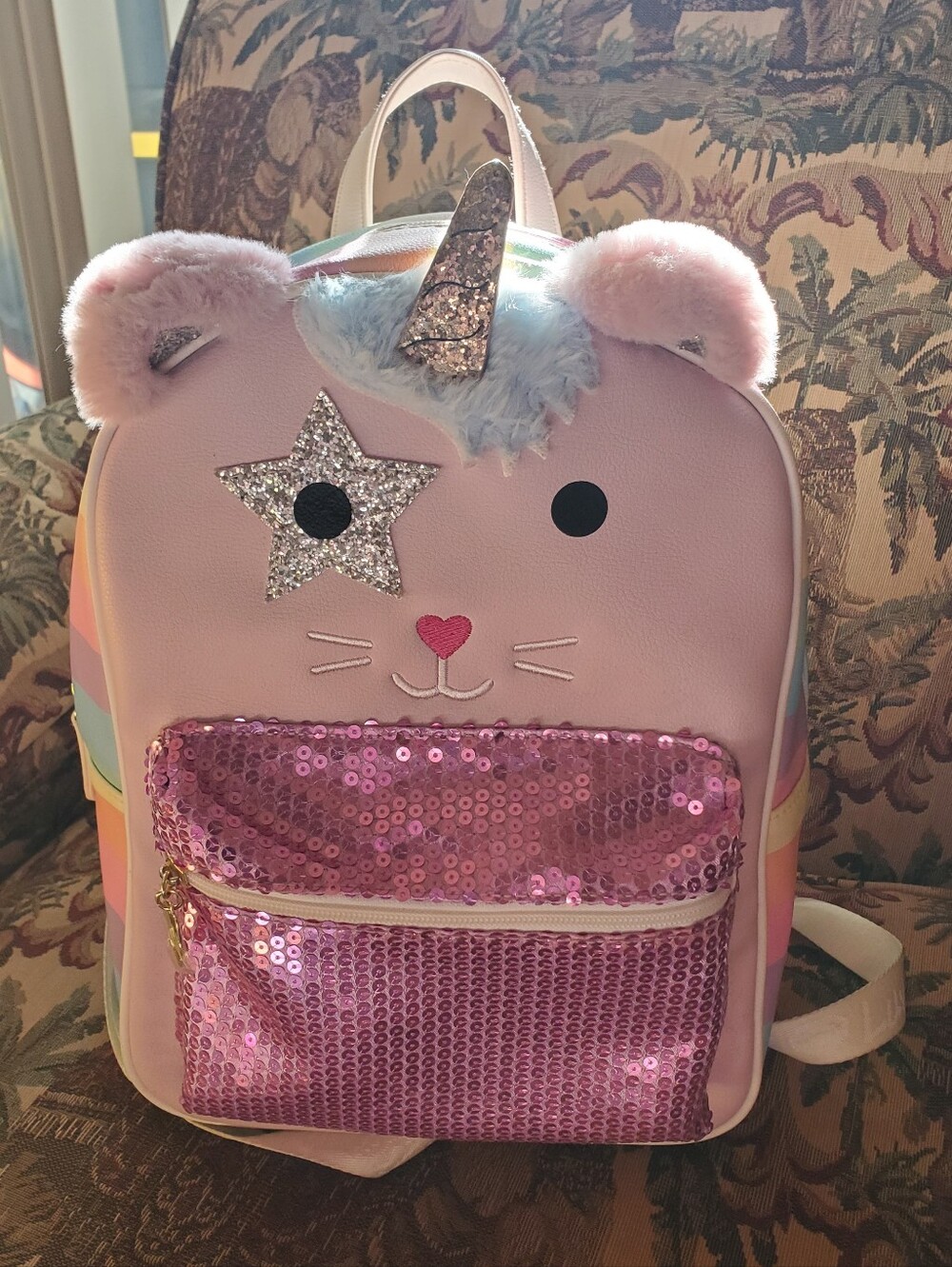Betsey Johnson Rainbow Sparkle Unicorn Cat Backpack with Adjustable Straps